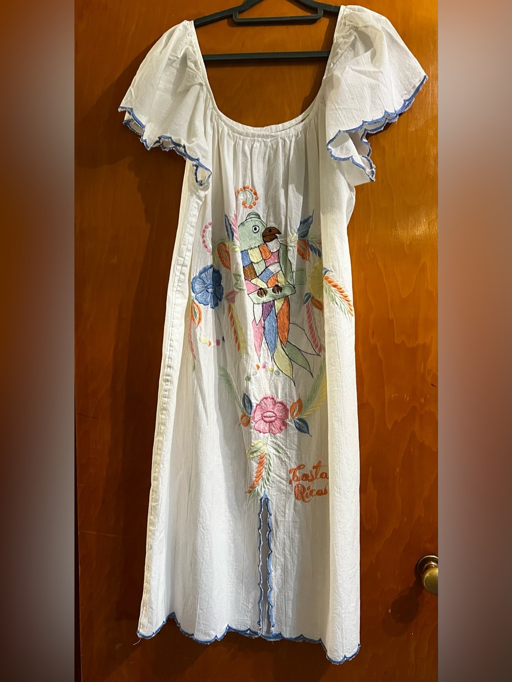 White Embroidered Parrot Midi Dress for Beachwear